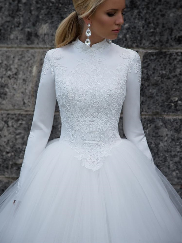 Tulle Ball Gown High Collar Long Sleeves Wedding Dresses Wedding Gown